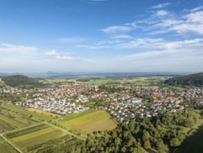 Aerial view of the municipality of Steißlingen, on the horizon the Hegauberge, district of