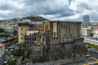 Castel Nuovo from a drone, Naples, Campania, Italy, Europe