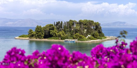 Mouse Island in the sea with flower panorama on the island of Corfu, Greece, Europe