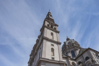 Towers of the parish church of St John, Hauk Abbey, built in 1691, Bahnhofstr. 4, Würzburg, Lower