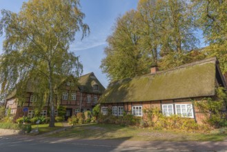 Community Probsteierhagen, former inn Plagmann, half-timbered house with thatched roof, trees in