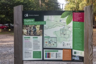 Map and information sign by Forestry England at Rendlesham Forest, Suffolk, England, UK