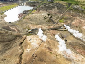 Aerial view of Bjarnarflag power plant, geothermal power plant, Myvatn region, Iceland, Europe