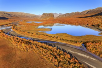 Lake, river, river delta, autumn colours, autumn, mountains, sunny, aerial view, Rapadalen, view of