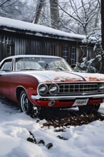 Classic 1960s muscle car, half-buried in snow in a forgotten backyard creating a sense of nostalgia