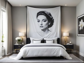 Empty modern bedroom with a large, plush bed covered in white linens, a single framed artwork on