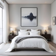 Empty modern bedroom with a large, plush bed covered in white linens, a single framed artwork on