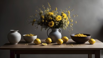 Still life scene of a simple wooden table with a vase of dried flowers, a few ceramic bowls, and