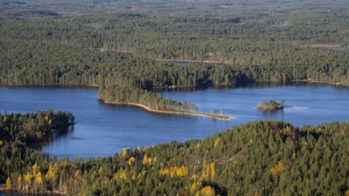 View of autumnal lake landscape, Konttainen, Ruka, Finland, Europe