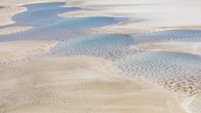 Seawater run-off leaves traces in the sand on Fazayat beach in Al Hauta, Dhofar province, Arabian