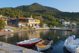 Boats in the water with houses in the background and a wooded mountain in the evening light,