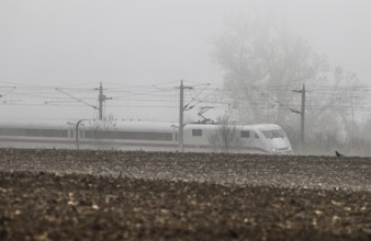 A Deutsche Bahn ICE train runs in foggy autumn weather on a railway line near Neugarten, 06.11