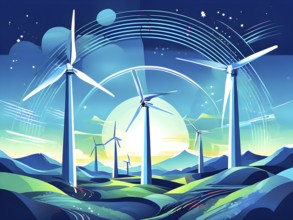 Abstract wallpaper illustration of interconnected wind turbines, represented by flowing lines and