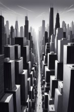 Modern city skyline using clean lines and geometric forms, with rectangular buildings and smooth,