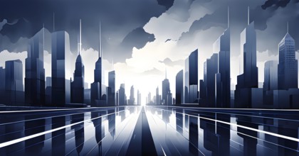 Modern city skyline using clean lines and geometric forms, with rectangular buildings and smooth,