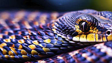 Close up on the wrinkled skin of a python with intricate patterns and vibrant hues, AI generated