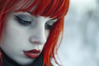 Portrait of young beautiful woman with pale skin and bright red hair with bob hairstyle with bangs