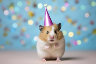 Cute hamster with birthday party hat. KI generiert, generiert, AI generated