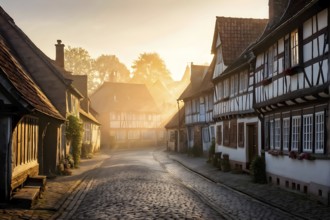 Early morning with light softly bathing an ancient village with rustic half timbered houses, AI