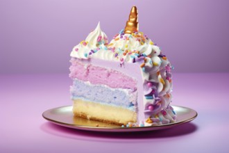 Pastel colored slice of cream cake with unicorn horn. KI generiert, generiert, AI generated