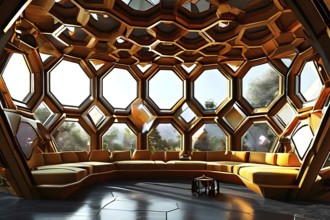 Modern residential house inspired by honeycomb hexagonal patterns, AI generated