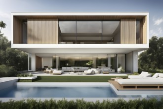 3d render of a modern sustainable house with a swimming pool, AI generated