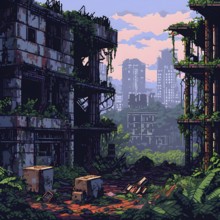 Pixel art landscape showcasing post apocalyptic world with ruined city buildings, AI generated