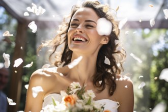 Happy bride surrounded by flower petals on her wedding day. KI generiert, generiert, AI generated