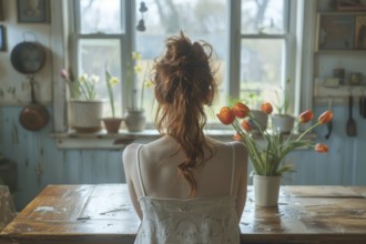 A woman sits at a table in a rustically furnished room with tulips and daffodils in natural light