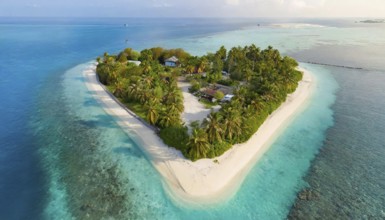 Symbol, small heart-shaped island in the sea, love island, honeymoon, palm beach, aerial view,