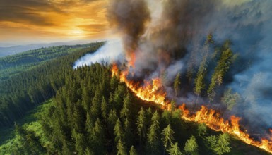 Fire, forest fire, burning spruce forest, aerial view, AI generated, AI generated