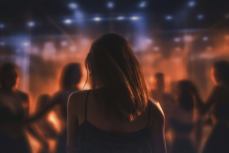 Back view of woman on dancefloor in disco. KI generiert, generiert AI generated