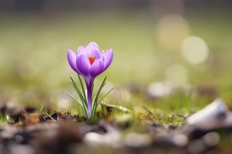 Single purple crocus flower blooming in spring. KI generiert, generiert AI generated