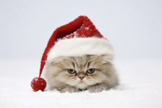 Cute cat with red Christmas sanda hat in snow. KI generiert, generiert, AI generated