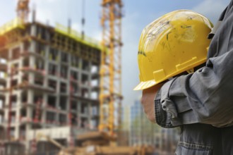 Construction worker holding yellow safety helmet with construction site with building in blurry