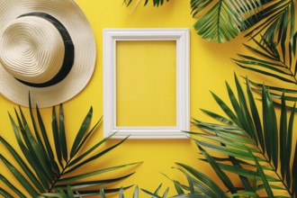 Summer flat lay with empty picture frame surrounded by tropical palm leaves and straw hat on yellow