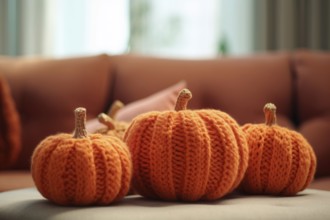 Knitted orange pumpkin decoration. KI generiert, generiert, AI generated