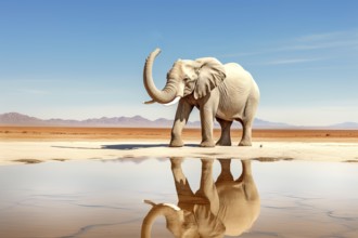 Desert elephant reflecting in a water pond, Africa, AI generated