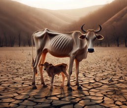 Climate change, climate crisis, global warming, symbolic image, a half-starved, emaciated cow