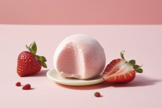 Japanese strawberry Daifuku sweer in front of pastel pink background. KI generiert, generiert AI