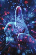 A finger points to a scanned, digitally captured fingerprint for biometric authentication,