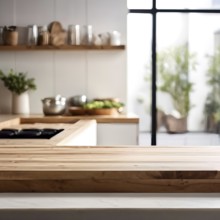 Wooden kitchen with top counter and other modern interior elements, AI generated