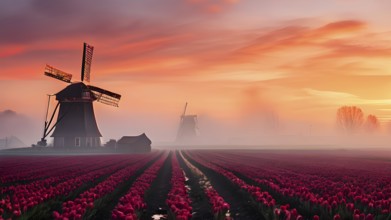 Fog covered landscape in sunrise with tulip fields and windmill in background, AI generated