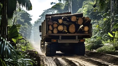 Trucks loaded with freshly cut timber wind through the narrow paths of the diminishing amazon