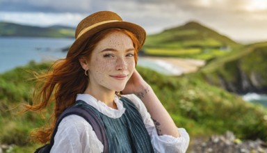 Girl with red hair and freckles in windy environment wearing a hat and smiling, Ireland, AI