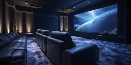 Modern home theater with boasting plush reclining seats elegantly arranged, AI generated