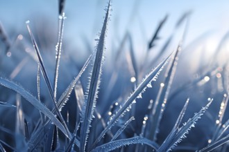 A detailed close-up of frost patterns on blades of grass on a meadow, AI generated