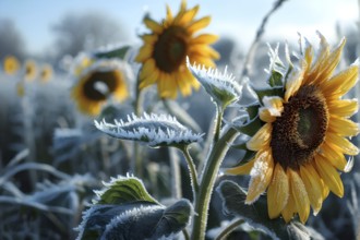 Detailed close-up of frost patterns on sunflowers on a meadow, AI generated