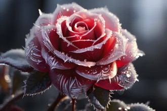 Detailed close-up of frost patterns on a red rose, AI generated