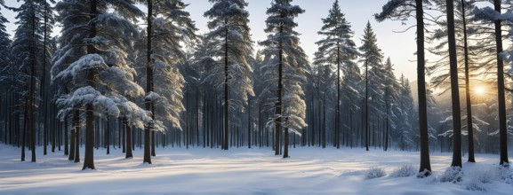 Peaceful snowy forest clearing at dawn with snow softly blanketing the ground and frost-covered